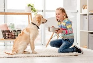 Beautiful girl feeding cute dog