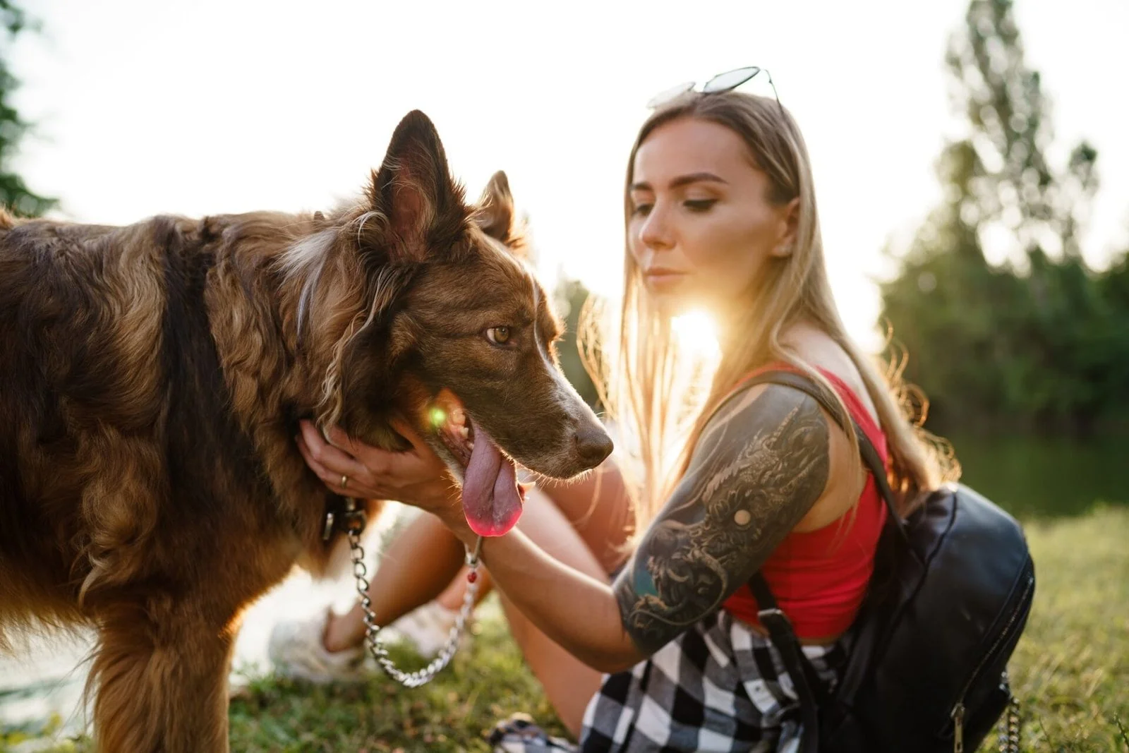 Jeune femme belle caressant son chien dans un parc